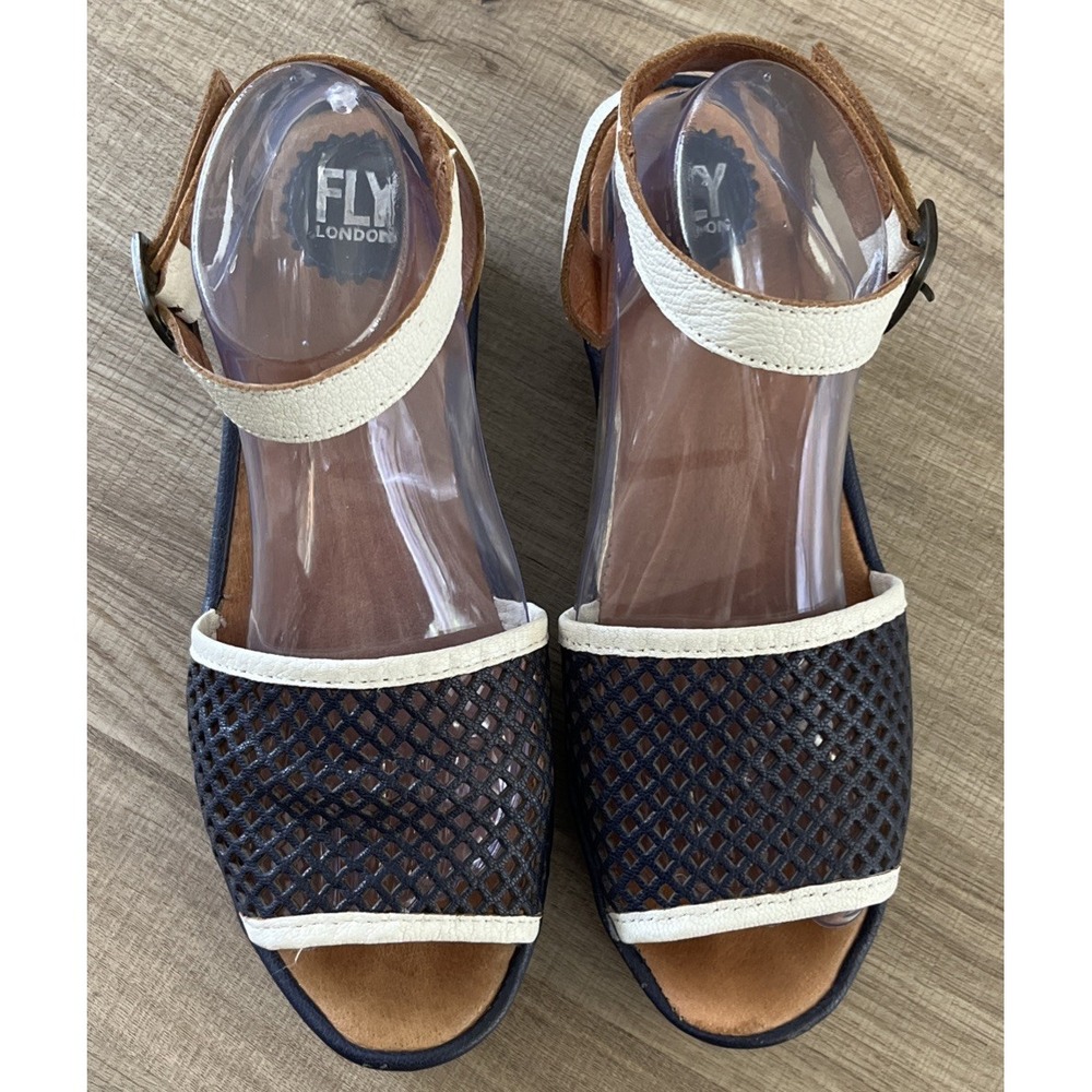 FLY LONDON Navy & White Mesh Front Leather Platform Wedge Sandals SIZE 9-9.5/40